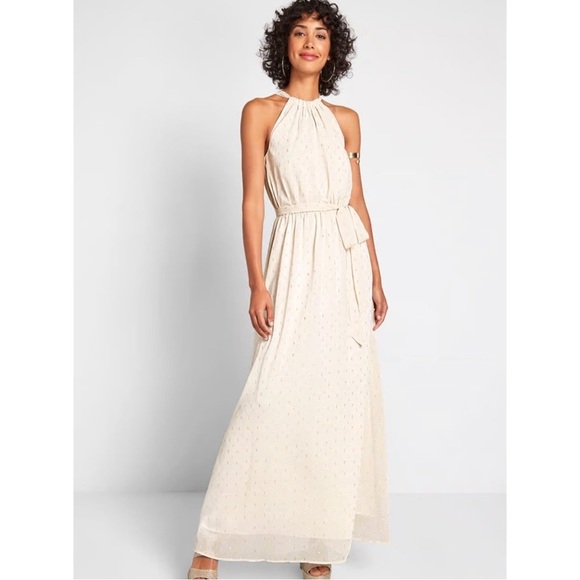 NWT ModCloth Illuminated Elegance Chiffon Maxi Dress Ivory Wedding Bridesmaid - Picture 1 of 11